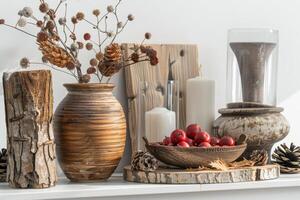 Rustic decoration accents against a soft transparent white surface, adding warmth to compositions photo