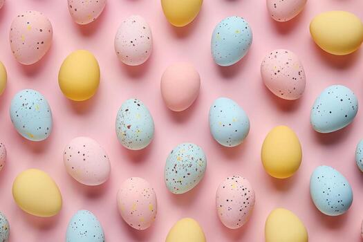 vistoso Pascua de Resurrección huevos arreglado en un juguetón modelo en contra un pastel fondo foto