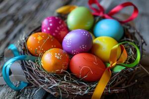 Colorful Easter eggs arranged in a decorative nest with ribbon accents photo