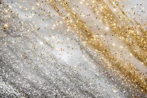 Dazzling silver and gold sparkles intermingling on a transparent white background, adding opulence and richness photo