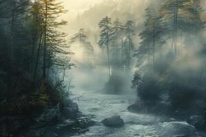 Serene river flowing through a misty forest on a foggy morning photo