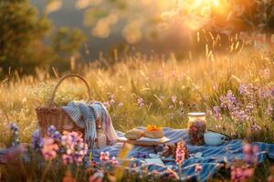Romantic picnic for two in a sunlit meadow photo