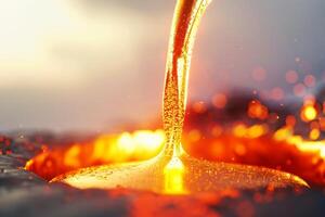 Glowing molten metal pouring from a crucible against a soft transparent white background photo