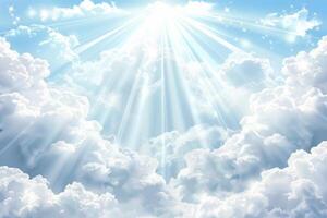 el cielo es lleno con nubes y el Dom es brillante brillantemente mediante a ellos. concepto de esperanza y positividad, como el del sol rayos descanso mediante el nubes, esclarecedor el cielo foto