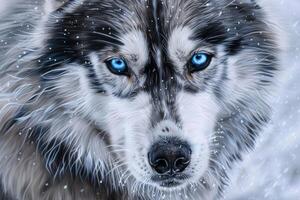 Majestic Siberian husky with striking blue eyes and fluffy coat, perfect for winter-themed designs photo