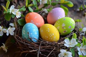 Colorful Easter eggs arranged in a nest with spring blossoms photo