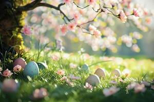 Springtime Easter scene with blooming flowers and budding trees photo