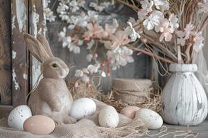 Rustic Easter background with farmhouse-style decorations and burlap accents photo