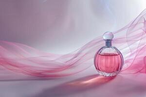 Perfume spray mist on a soft transparent white backdrop, perfect for fragrance advertisements photo