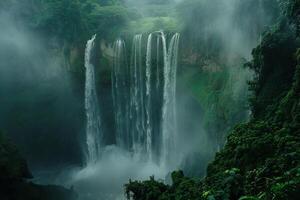 Dramatic waterfall plunging into a misty gorge surrounded by lush greenery photo