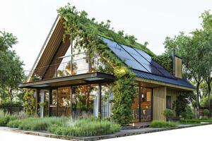 Sustainable home with solar panels and a green roof, reducing carbon emissions and energy consumption photo
