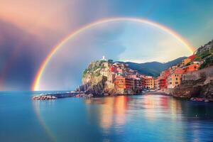 Vibrant rainbow over a coastal town photo