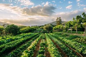 Organic farm with rows of vegetables and fruit trees, promoting pesticide-free agriculture photo