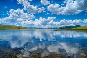 Peaceful lake with fluffy clouds photo