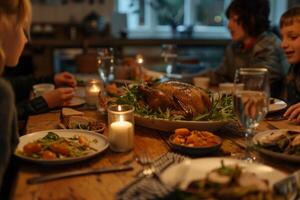 Family sitting down to a healthy dinner of roasted chicken and mixed greens photo