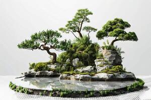 Peaceful bonsai garden on a soft transparent white backdrop, perfect for relaxation-themed designs photo