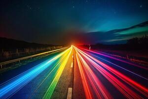 Rainbow-colored light trails transparently streaking across the night sky photo
