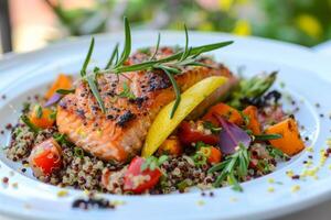 Plate of grilled salmon with quinoa and roasted vegetables, a nutritious dinner choice photo