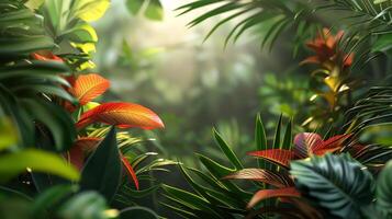 A lush green jungle with red leaves and green leaves photo