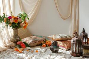 Moroccan-inspired decorations against a soft transparent white backdrop, evoking exotic vibes photo