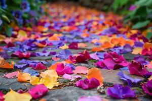 Rainbow-colored flower petals scattered transparently on the ground in a garden photo
