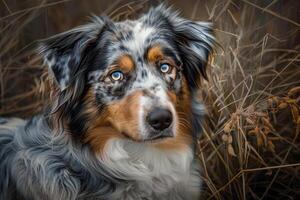 Energetic Australian Shepherd with multicolored coat and intelligent eyes, ideal for working dog designs photo