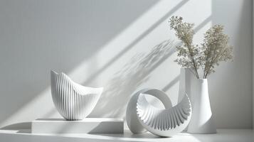 A white vase with a white flower in it sits on a table next to a white sculpture photo