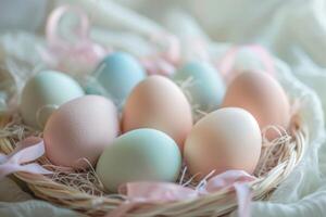 Pastel-colored Easter eggs arranged in a decorative basket with ribbon accents photo