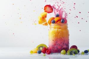 A colorful fruit smoothie in a glass jar with a splash of pink and blue. The jar is filled with a variety of fruits including strawberries, blueberries, kiwi, and grapes photo