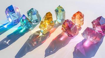 Prismatic gemstone clusters casting colorful patterns of light against a clean white backdrop photo