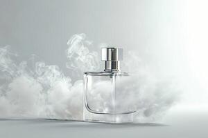 Perfume spray mist on a soft transparent white backdrop, perfect for fragrance advertisements photo