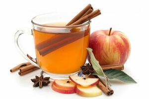 Warm apple cider in a mug with cinnamon sticks on a transparent white background, cozy and seasonal photo