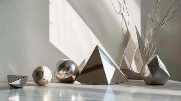 A collection of shiny, metallic vases and sculptures are arranged on a white surface photo