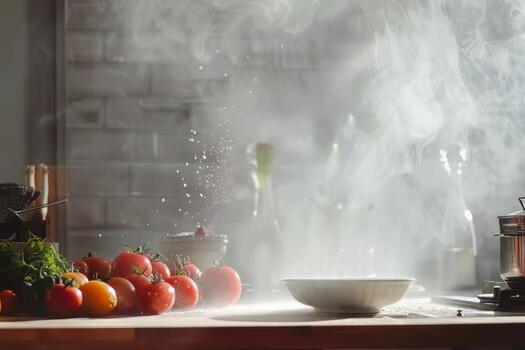 Cooking oil spray mist against a transparent white canvas, adding culinary elements photo