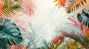 A colorful tropical scene with palm trees and leaves. The image is a beautiful and vibrant representation of a lush, tropical environment photo