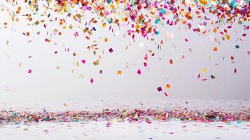 A colorful explosion of confetti is falling from the sky. The confetti is in various colors and shapes photo