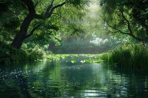 Tranquil scene of a peaceful lake surrounded by lush greenery, offering a moment of serenity photo