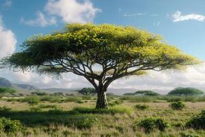 Towering acacia tree with umbrella-shaped canopy and thorny branches, perfect for African-themed designs photo