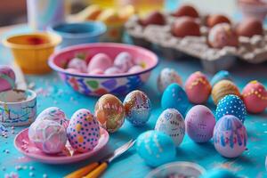 Easter egg decorating workshop with craft supplies and creative tools photo