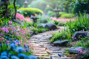 Tranquil garden scene with blooming flowers and chirping birds, offering a peaceful retreat for stress relief photo