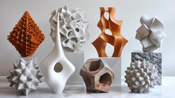 A collection of abstract sculptures, including a white one with a hole in the middle, are displayed on a table photo