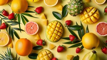A colorful fruit salad with oranges, strawberries, and pineapple. Concept of freshness and abundance, as well as a healthy and vibrant lifestyle photo