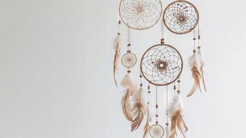 Delicate and ornate boho dreamcatchers with intricate details and soft feathers add a touch of elegance to any project on white photo