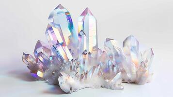 Translucent crystal formations with a delicate beauty, shimmering with iridescent hues against a pristine white backdrop photo