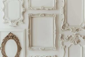 A collection of white frames with a white frame in the middle. The frames are all different shapes and sizes photo
