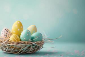 Colorful Easter eggs arranged in a basket against a pastel background photo