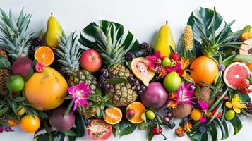 A colorful display of fruits and s, including oranges, apples, pears, and grapes photo