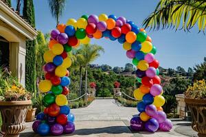 Colorful balloon arch framing a party entrance, inviting guests to celebrate photo