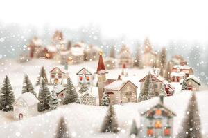 Snowy Christmas village on a soft transparent white backdrop, perfect for winter-themed designs photo