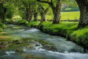 Serene river flowing gently through a peaceful countryside landscape photo
